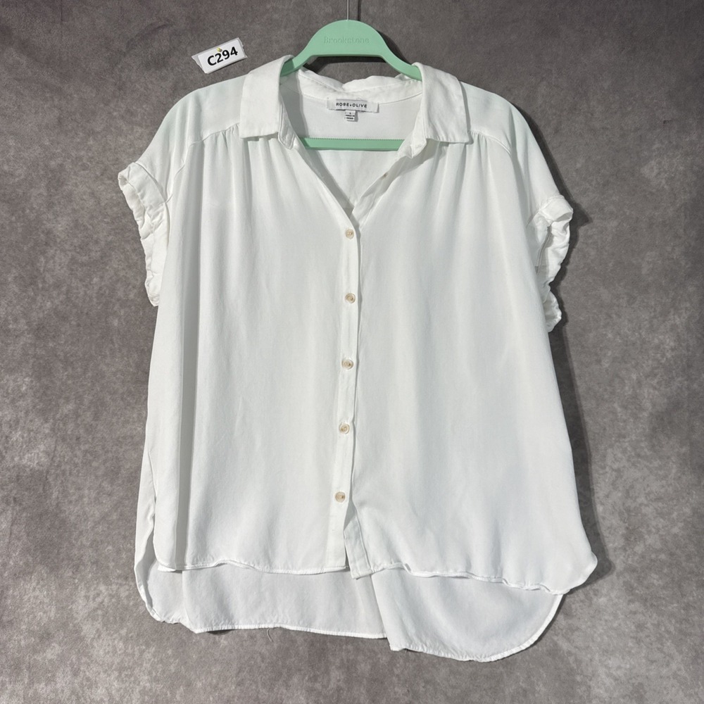 Rose + Olive White Rayon Button Down Short Sleeve Top Large Summer Blouse